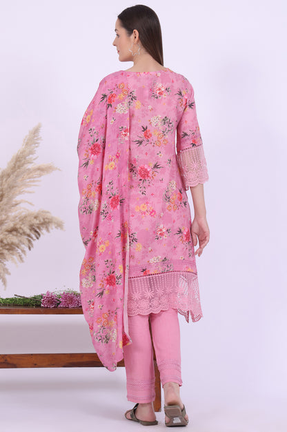 Pink Printed Asymmetrical Kurta with Trousers &amp; Dupatta Set