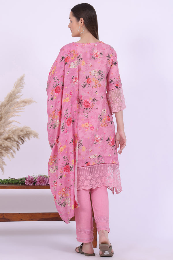 Pink Printed Asymmetrical Kurta with Trousers & Dupatta Set