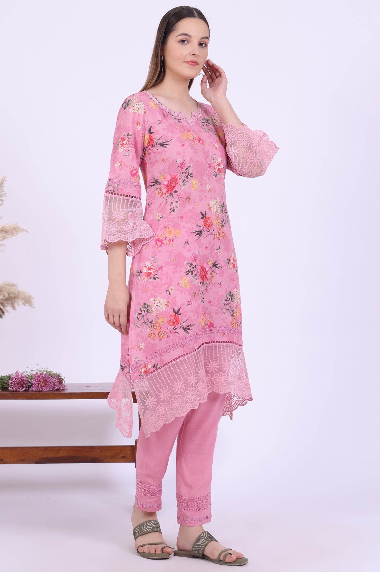 Pink Printed Asymmetrical Kurta with Trousers &amp; Dupatta Set