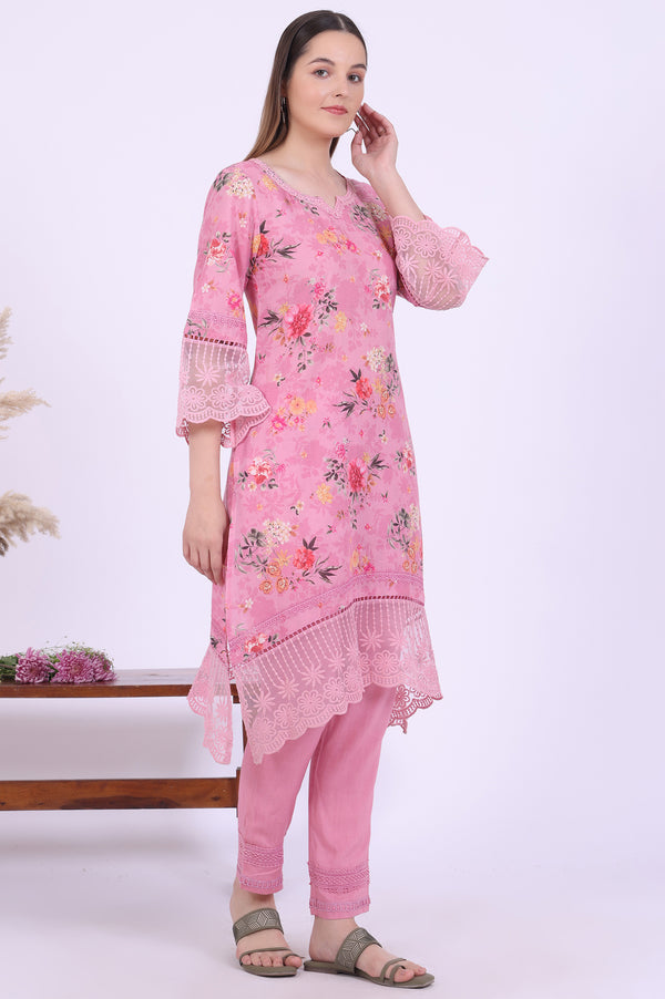 Pink Printed Asymmetrical Kurta with Trousers & Dupatta Set