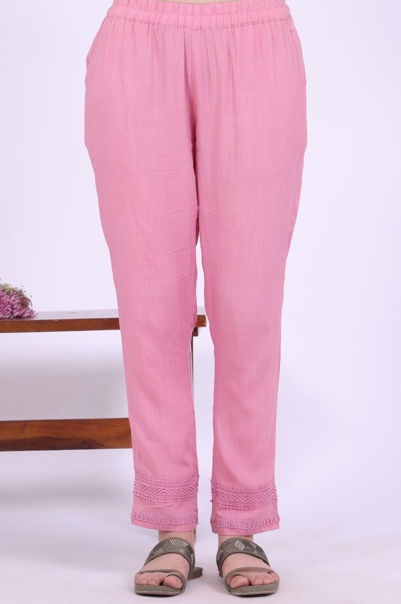 Pink Printed Asymmetrical Kurta with Trousers &amp; Dupatta Set