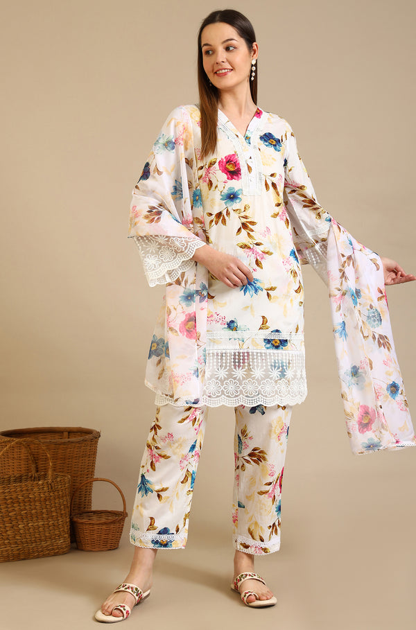 White Floral Printed Lace Polyester Straight Kurta & Trousers & Dupatta