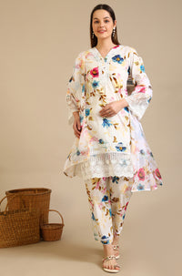 White Floral Printed Lace Polyester Straight Kurta &amp; Trousers &amp; Dupatta