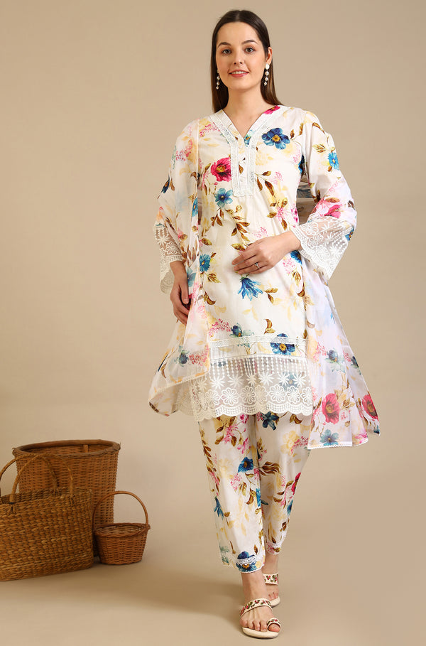White Floral Printed Lace Polyester Straight Kurta & Trousers & Dupatta