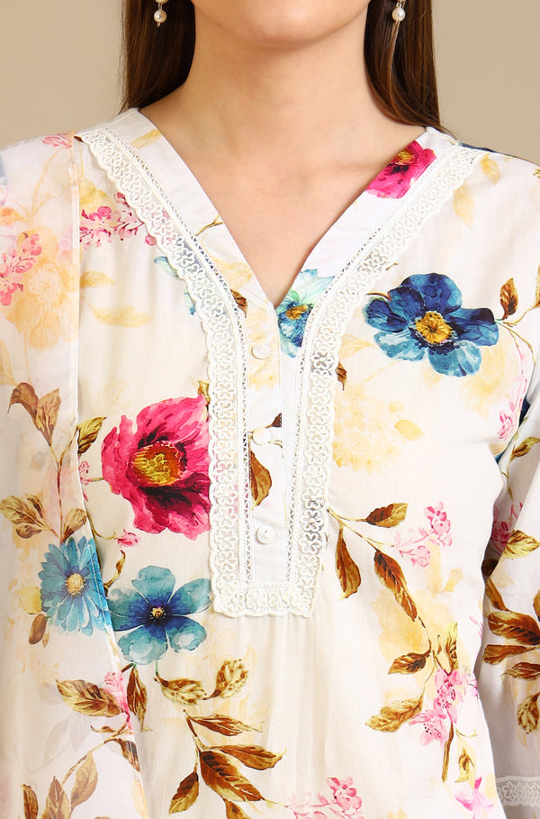 White Floral Printed Lace Polyester Straight Kurta & Trousers & Dupatta