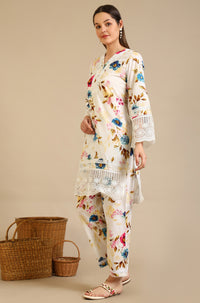 White Floral Printed Lace Polyester Straight Kurta &amp; Trousers &amp; Dupatta