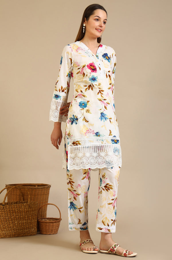 White Floral Printed Lace Polyester Straight Kurta & Trousers & Dupatta