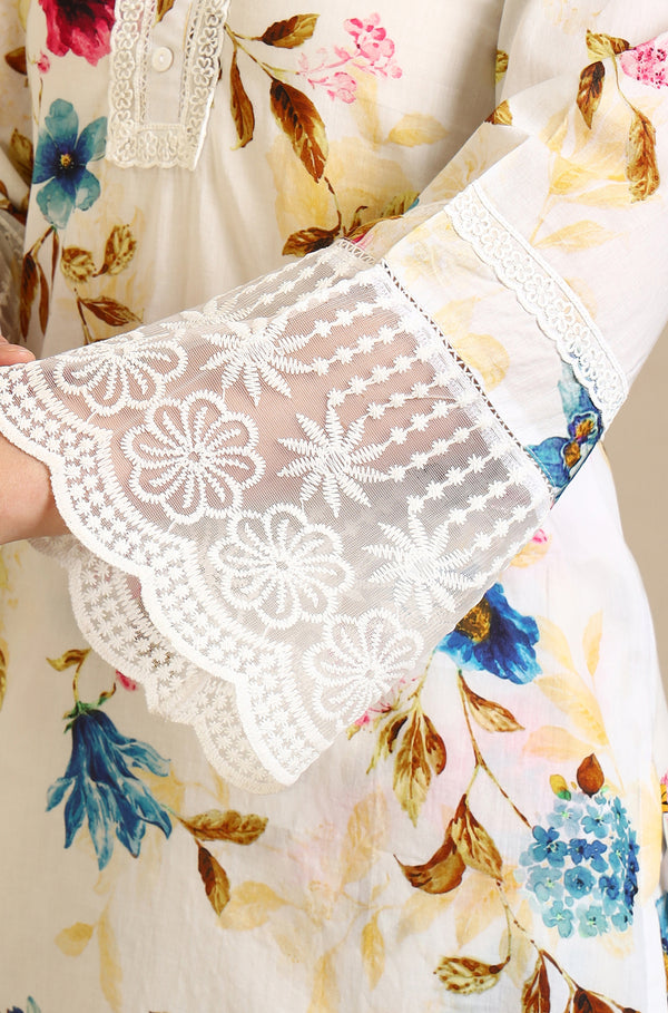 White Floral Printed Lace Polyester Straight Kurta & Trousers & Dupatta