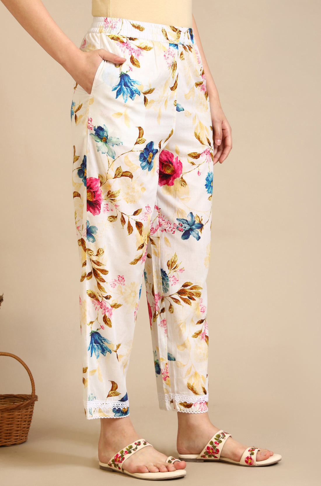 White Floral Printed Lace Polyester Straight Kurta &amp; Trousers &amp; Dupatta