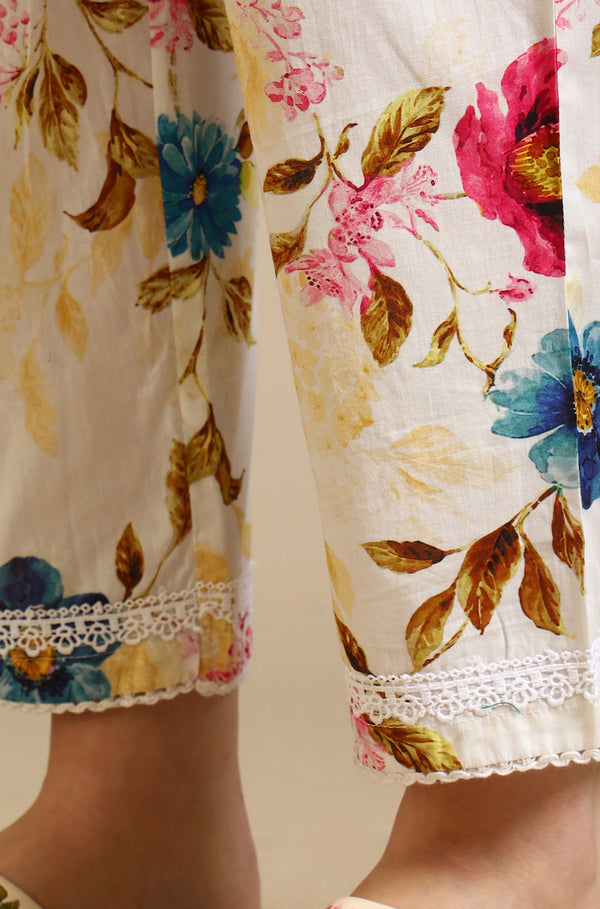 White Floral Printed Lace Polyester Straight Kurta & Trousers & Dupatta