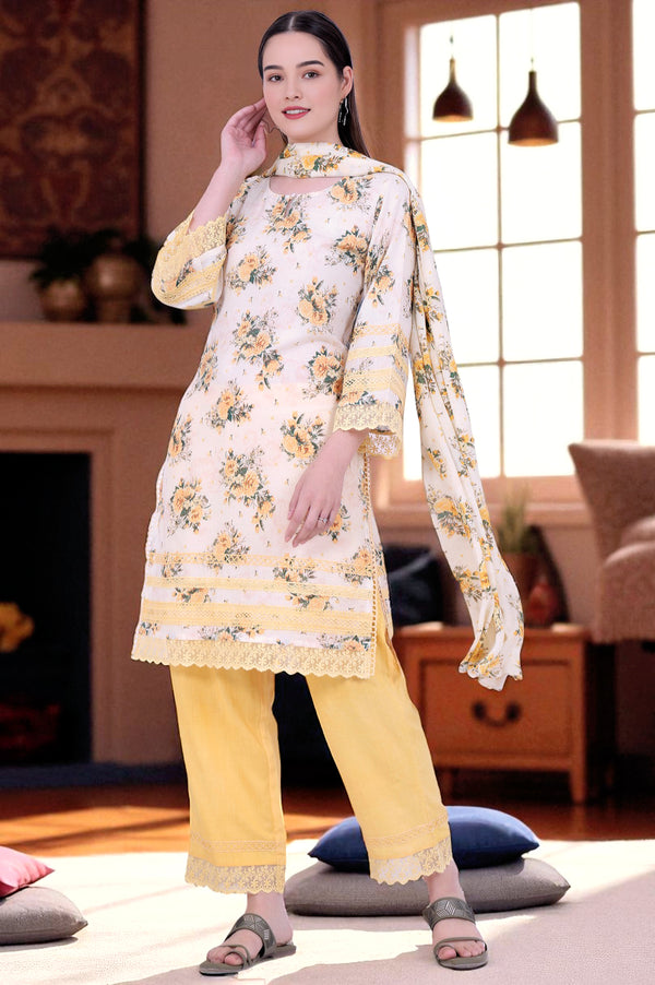 Yellow Printed Straight Kurta with Palazzo & Dupatta Set