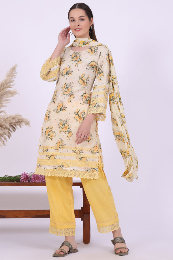 Yellow Printed Straight Kurta with Palazzo & Dupatta Set
