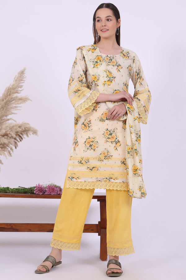 Yellow Printed Straight Kurta with Palazzo & Dupatta Set