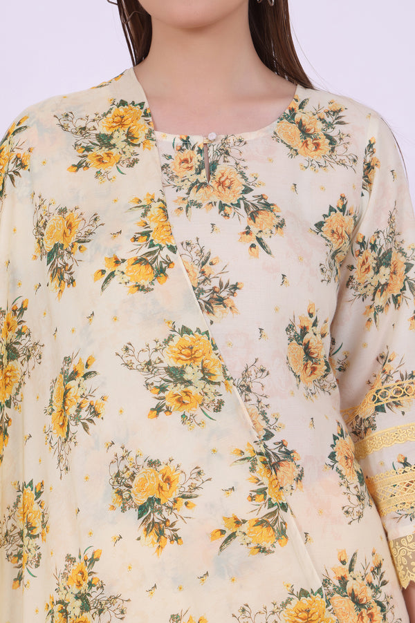 Yellow Printed Straight Kurta with Palazzo & Dupatta Set