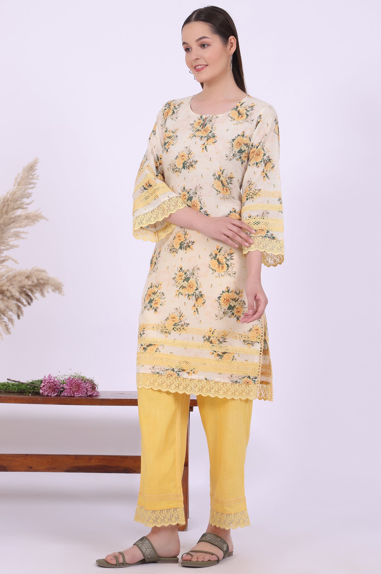 Yellow Printed Straight Kurta with Palazzo &amp; Dupatta Set