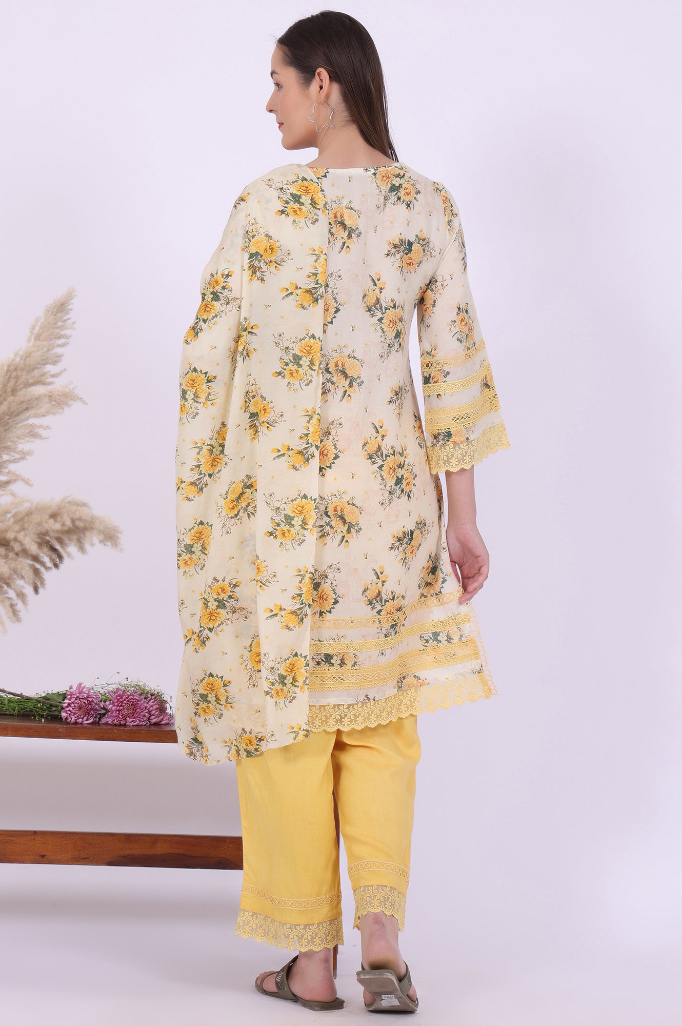 Yellow Printed Straight Kurta with Palazzo &amp; Dupatta Set