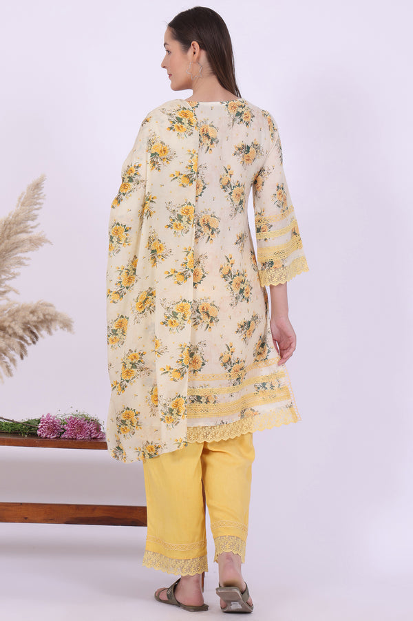 Yellow Printed Straight Kurta with Palazzo & Dupatta Set
