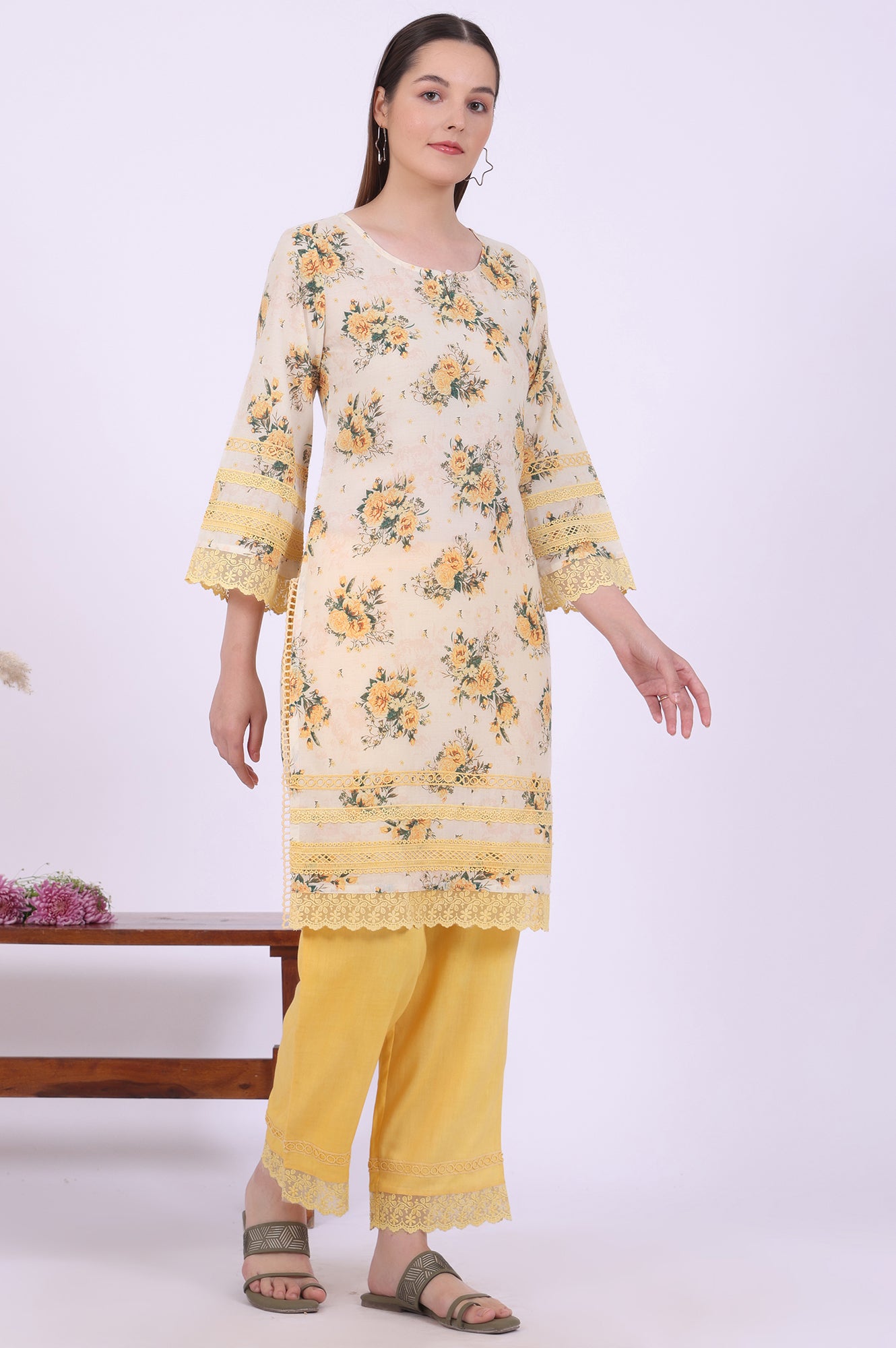 Yellow Printed Straight Kurta with Palazzo &amp; Dupatta Set