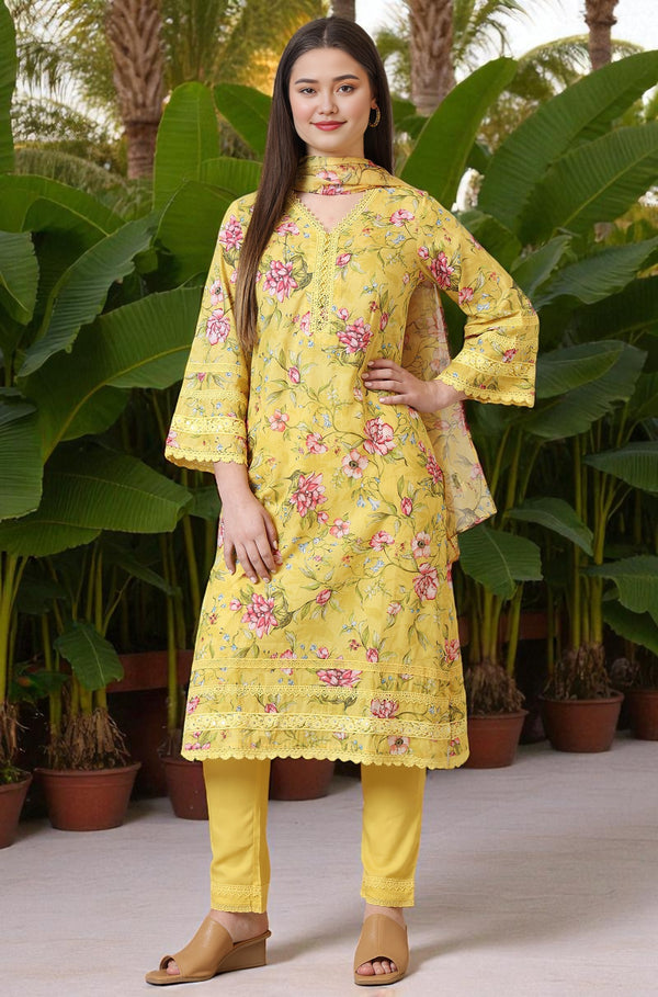 Yellow Floral Printed with Lace Straight Kurta, Trousers and Dupatta Set