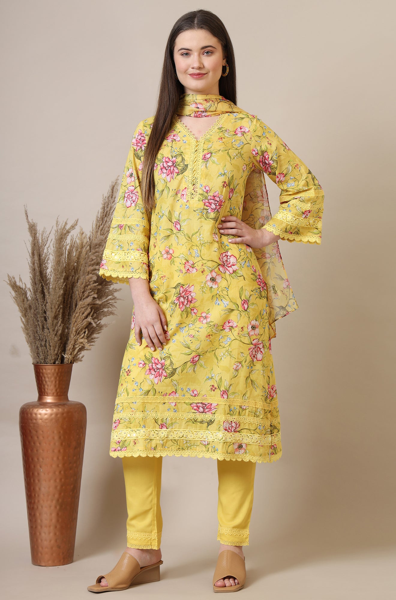 Yellow Floral Printed with Lace Straight Kurta, Trousers and Dupatta Set