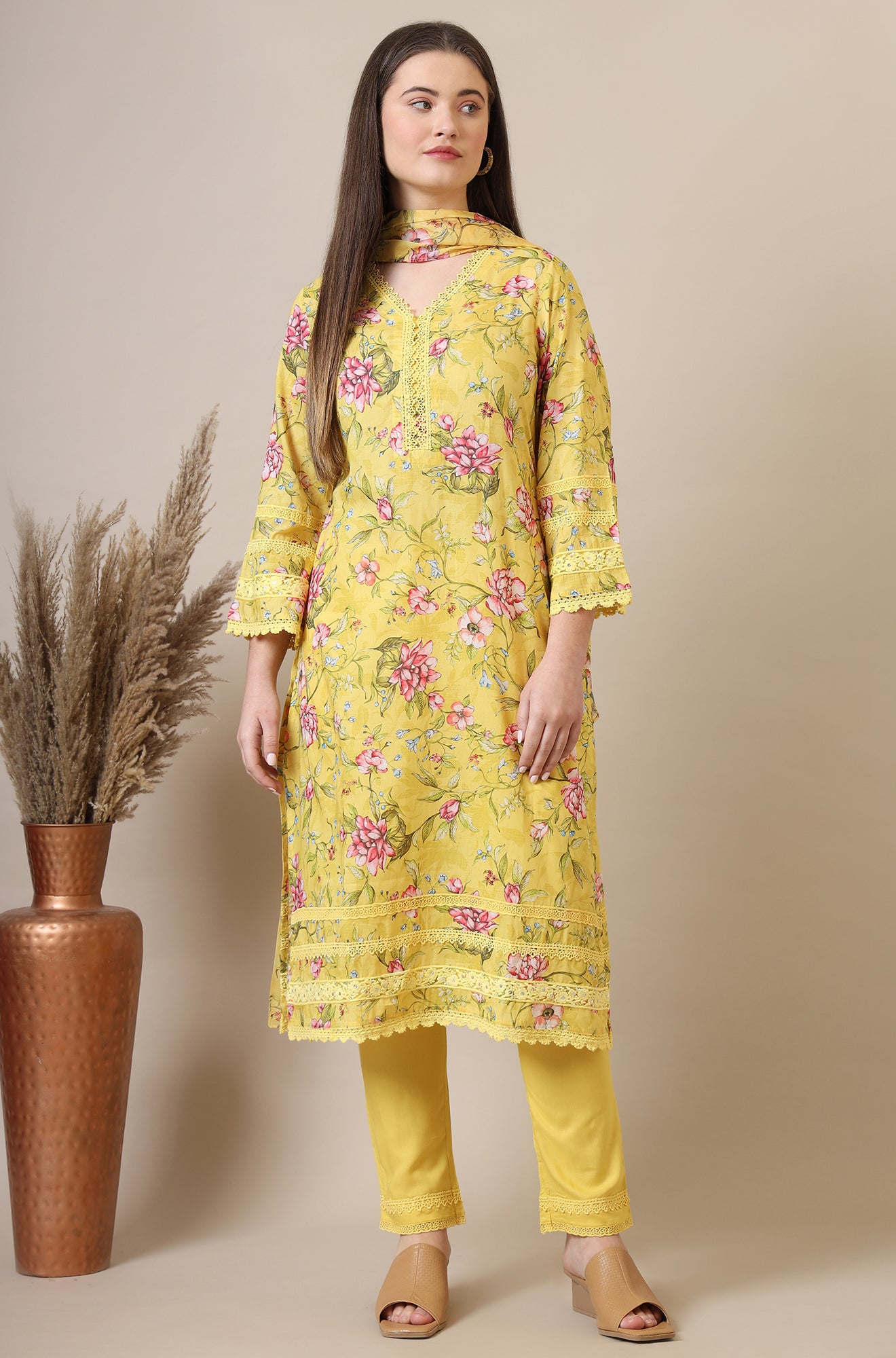 Yellow Floral Printed with Lace Straight Kurta, Trousers and Dupatta Set