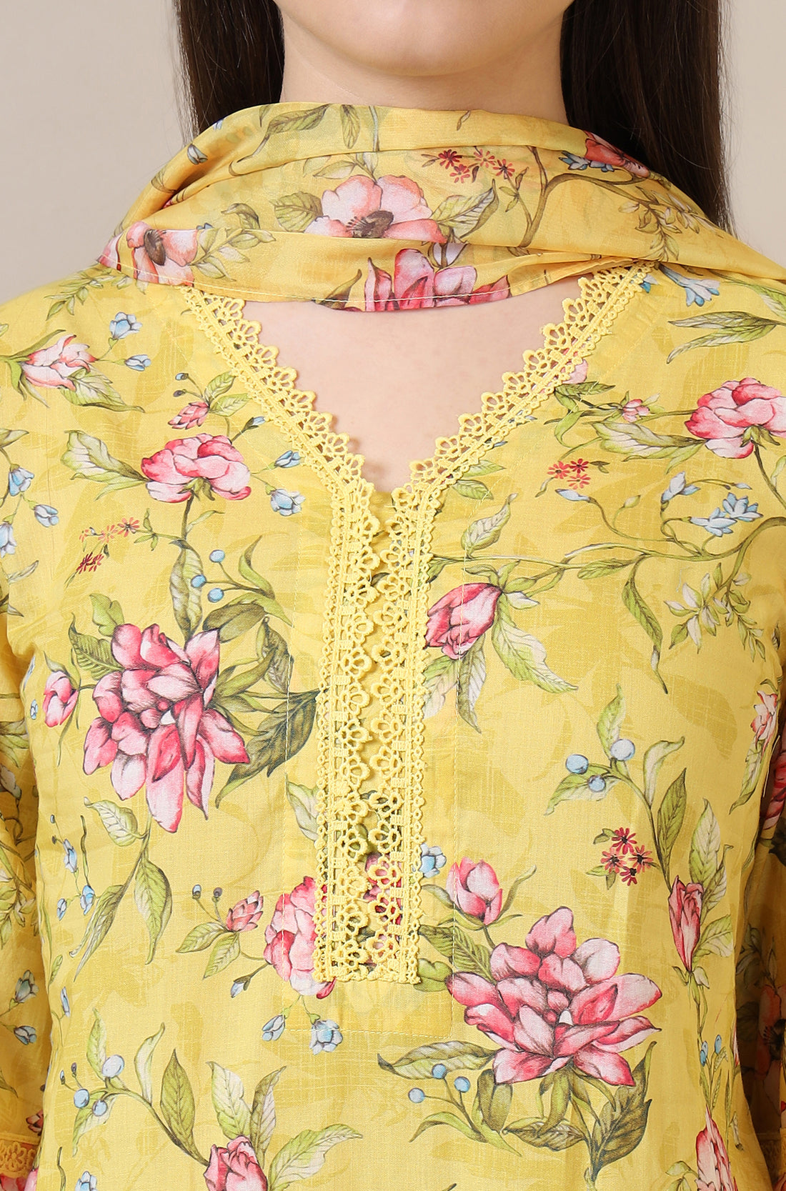 Yellow Floral Printed with Lace Straight Kurta, Trousers and Dupatta Set
