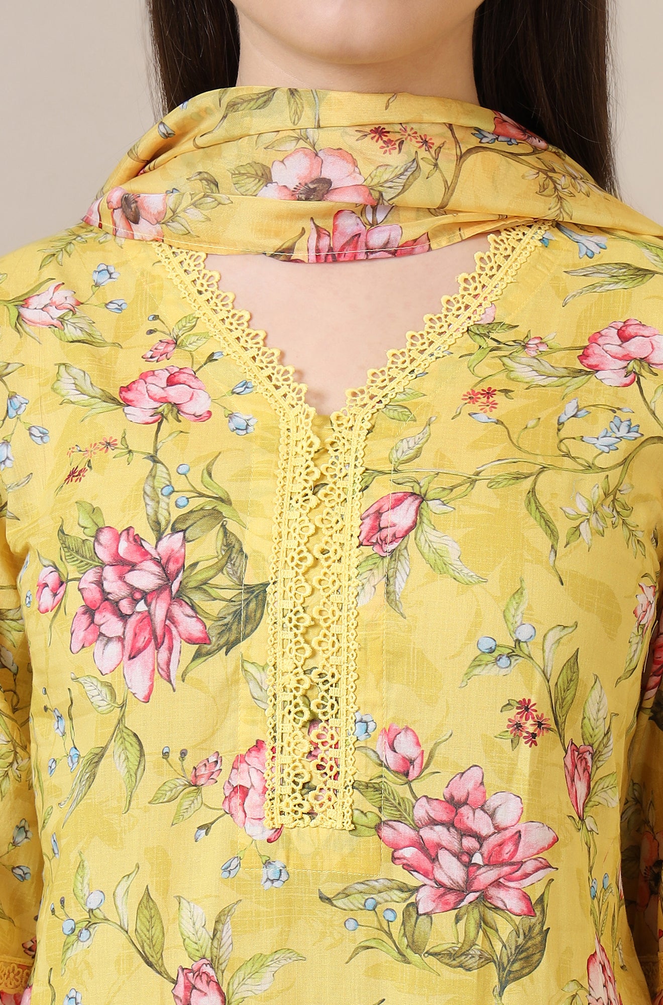 Yellow Floral Printed with Lace Straight Kurta, Trousers and Dupatta Set