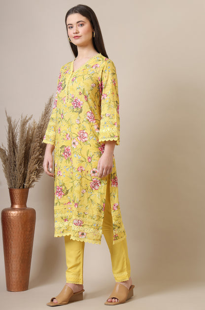 Yellow Floral Printed with Lace Straight Kurta, Trousers and Dupatta Set