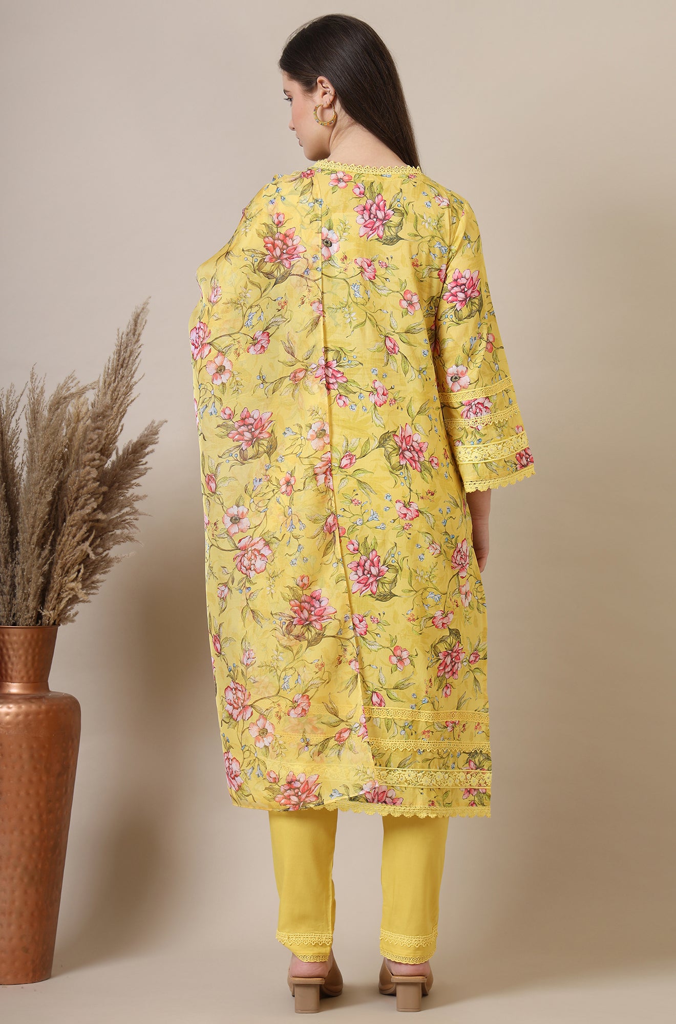 Yellow Floral Printed with Lace Straight Kurta, Trousers and Dupatta Set