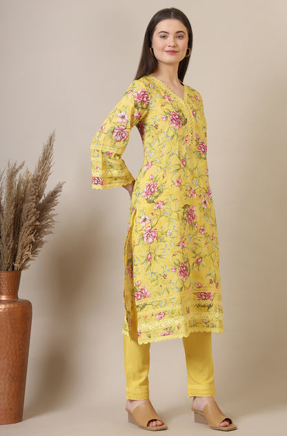 Yellow Floral Printed with Lace Straight Kurta, Trousers and Dupatta Set