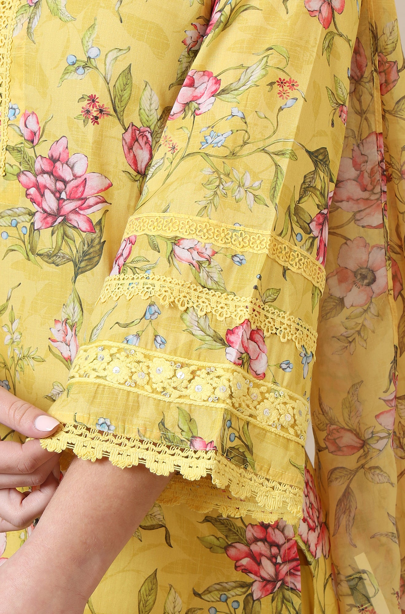 Yellow Floral Printed with Lace Straight Kurta, Trousers and Dupatta Set