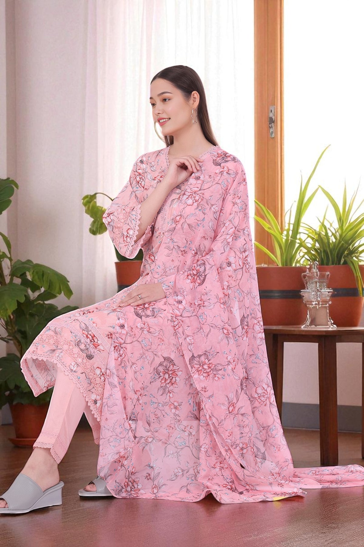 Pink Printed Straight Kurta with Trouser & Dupatta Set - S