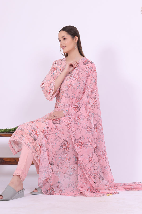 Pink Printed Straight Kurta with Trouser & Dupatta Set