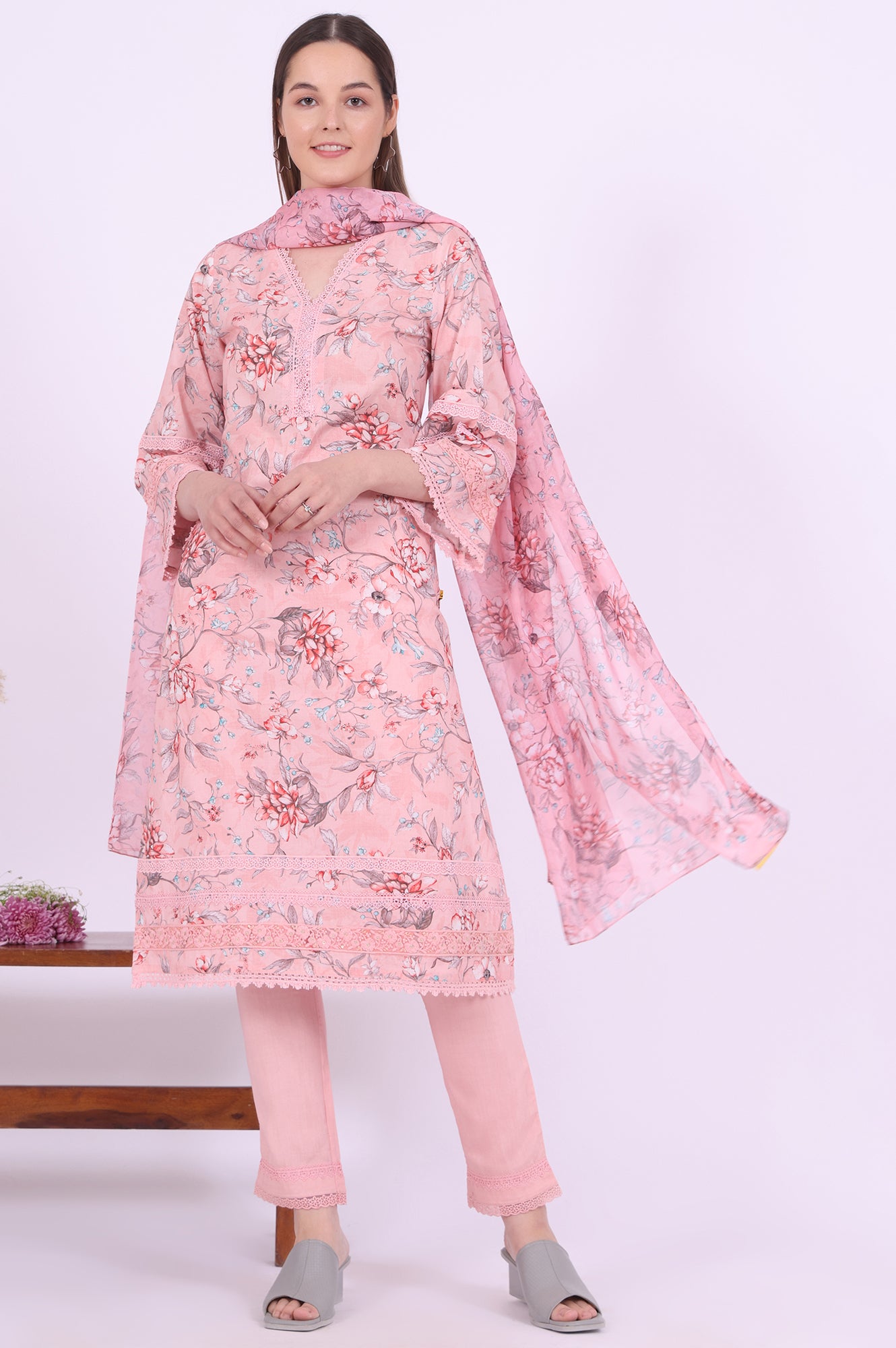 Pink Printed Straight Kurta with Trouser &amp; Dupatta Set