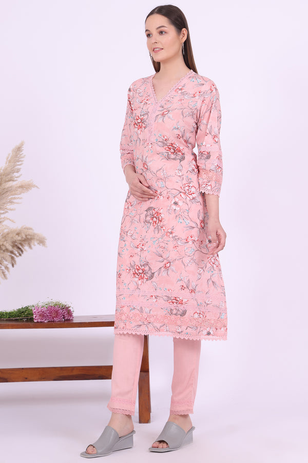 Pink Printed Straight Kurta with Trouser & Dupatta Set