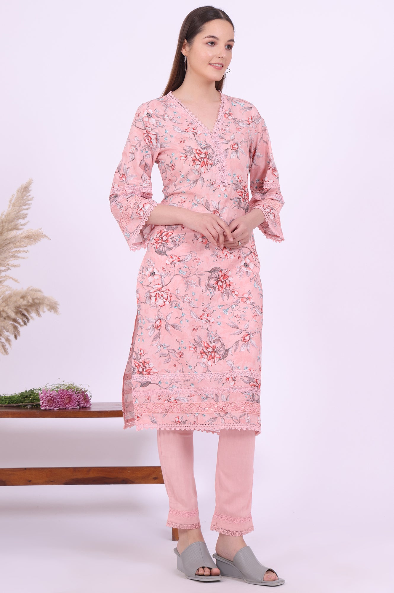 Pink Printed Straight Kurta with Trouser &amp; Dupatta Set