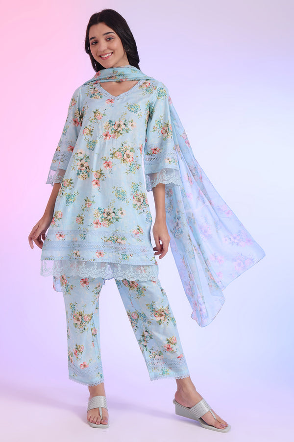 Blue Printed Straight Kurta with Palazzo & Dupatta Set