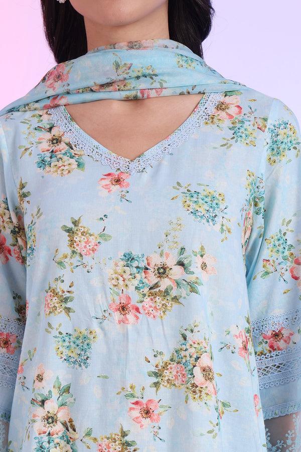 Blue Printed Straight Kurta with Palazzo & Dupatta Set