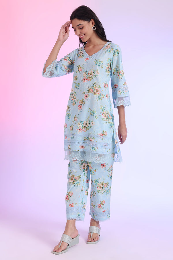 Blue Printed Straight Kurta with Palazzo & Dupatta Set