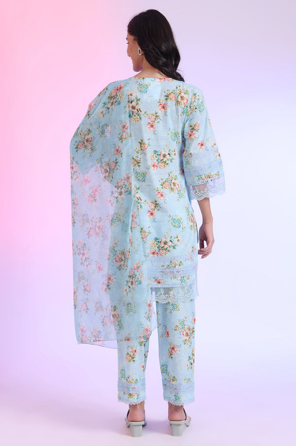 Blue Printed Straight Kurta with Palazzo & Dupatta Set