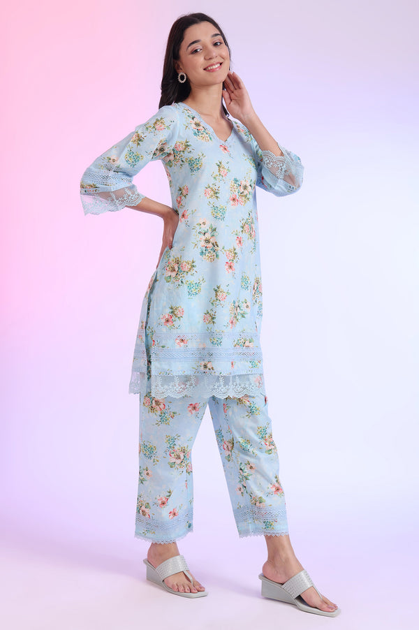 Blue Printed Straight Kurta with Palazzo & Dupatta Set