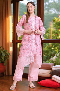 Pink Floral Printed Oraganza Gilet, Kurta and Pants Set