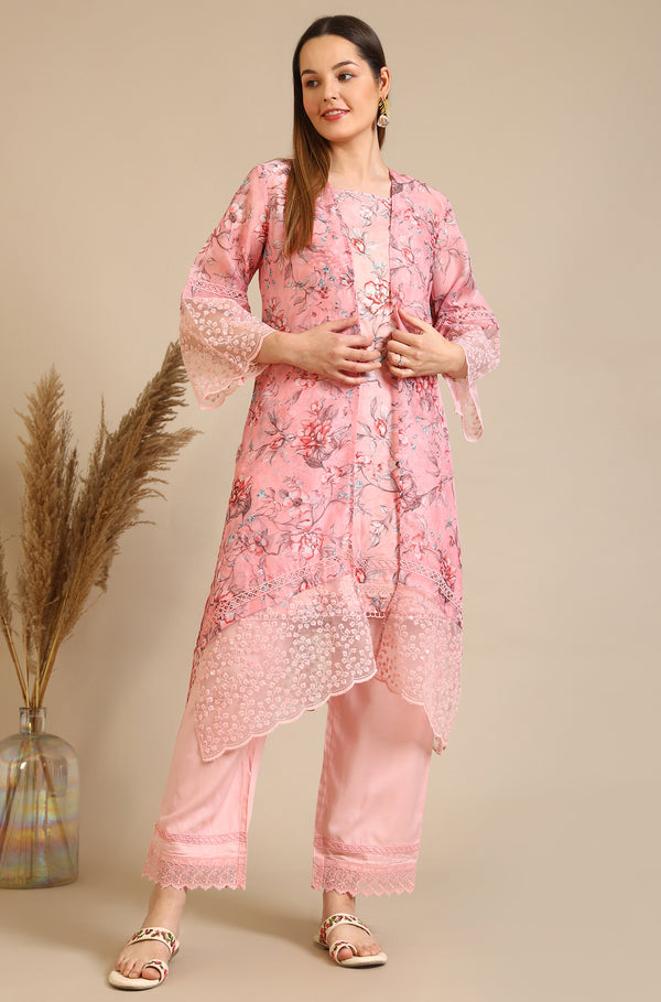 Pink Floral Printed Oraganza Gilet, Kurta and Pants Set