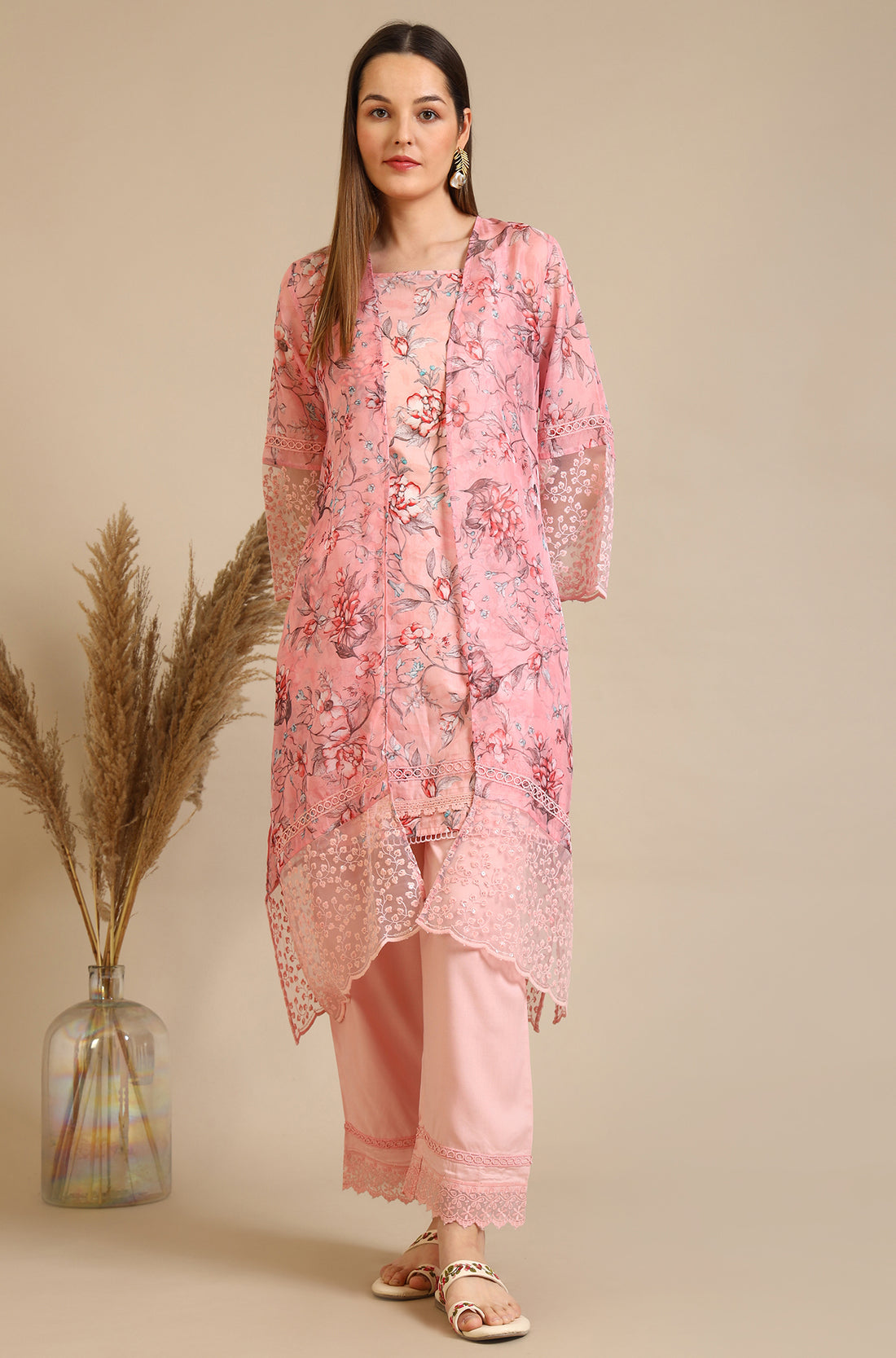 Pink Floral Printed Oraganza Gilet, Kurta and Pants Set