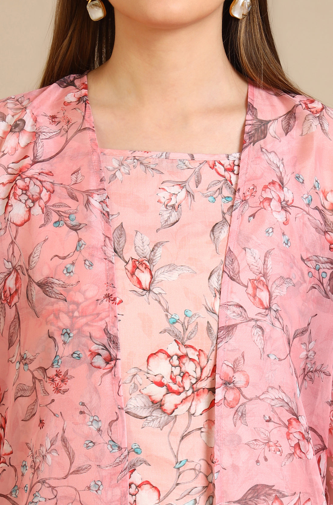 Pink Floral Printed Oraganza Gilet, Kurta and Pants Set