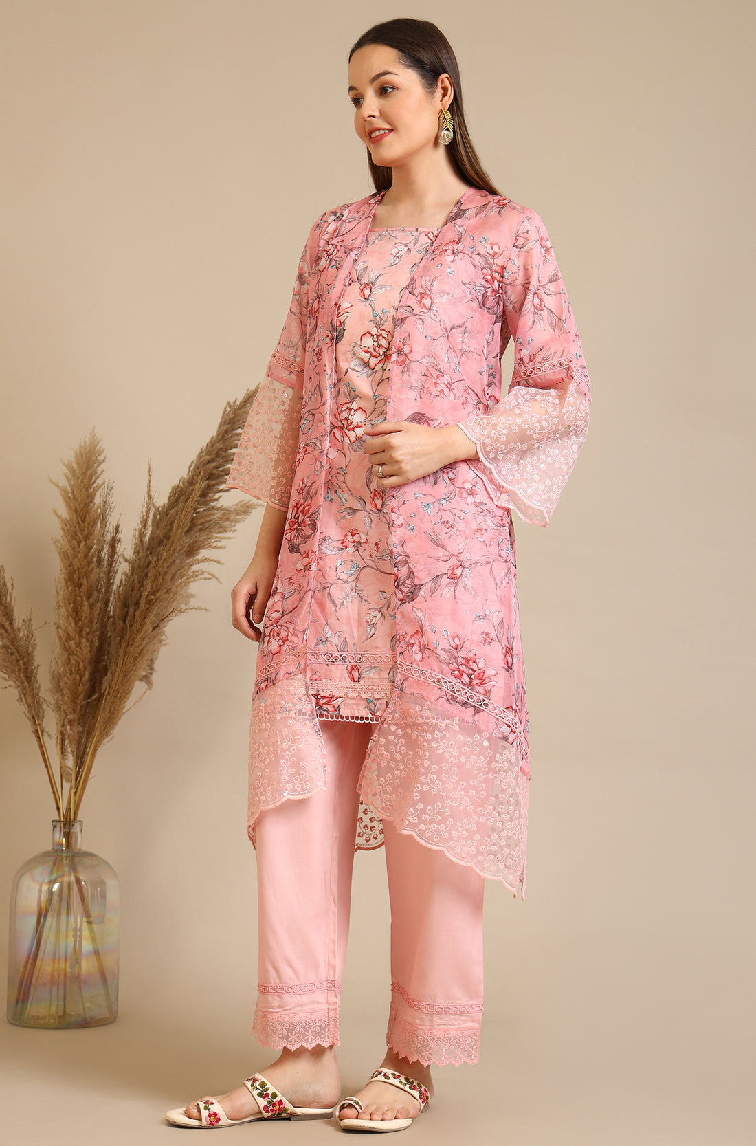 Pink Floral Printed Oraganza Gilet, Kurta and Pants Set