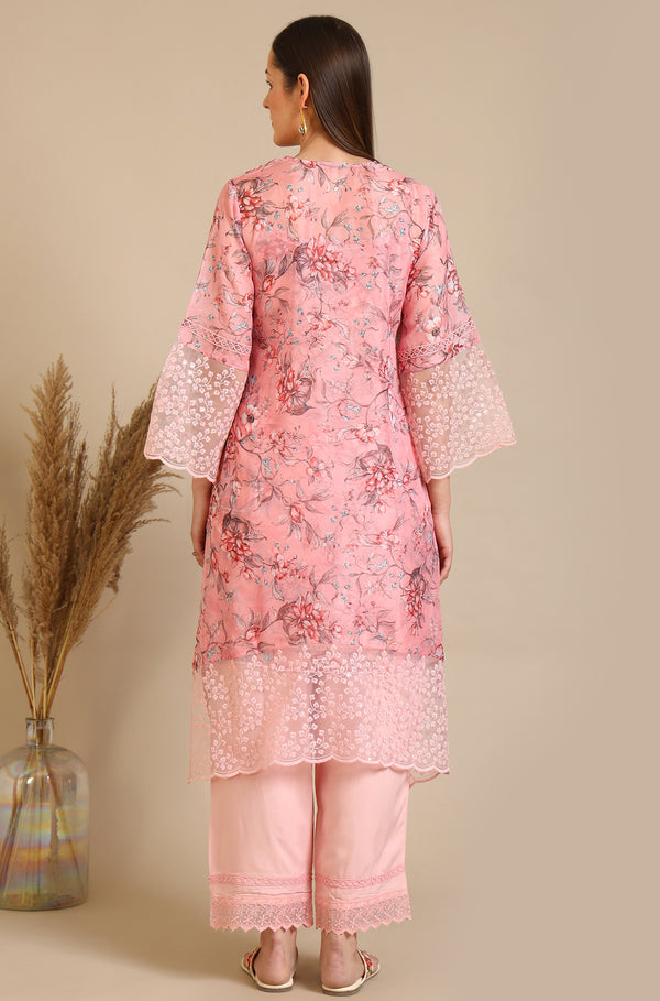 Pink Floral Printed Oraganza Gilet, Kurta and Pants Set
