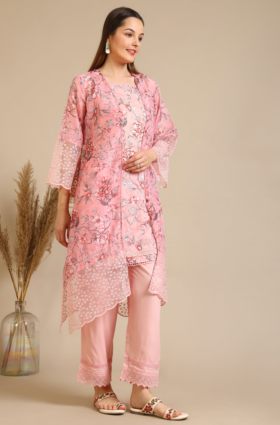 Pink Floral Printed Oraganza Gilet, Kurta and Pants Set