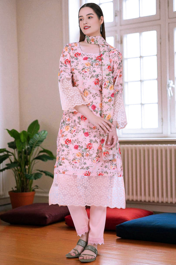 Orange Printed Straight Kurta with Trouser & Dupatta Set