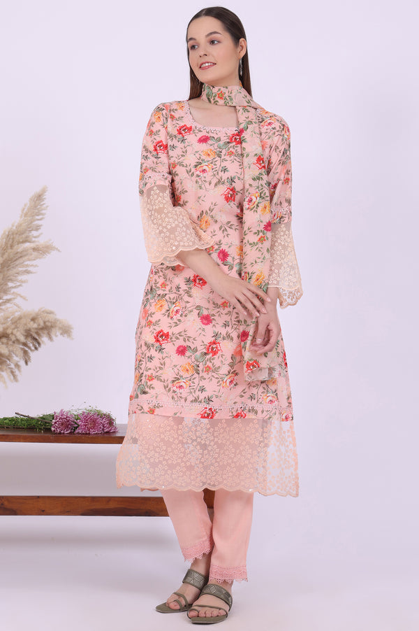 Orange Printed Straight Kurta with Trouser & Dupatta Set